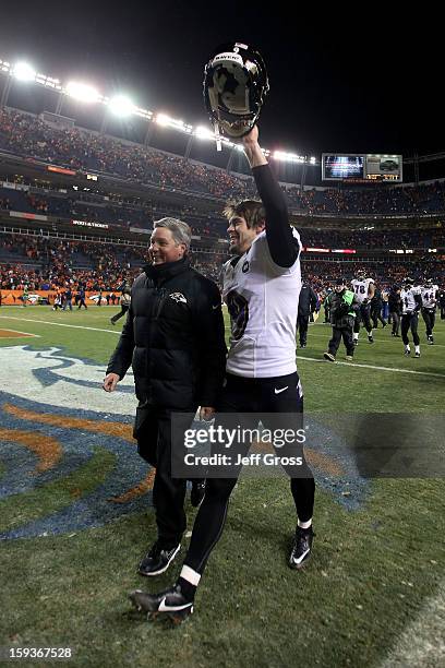 Kicker Justin Tucker of the Baltimore Ravens celebrates as he walks off of the field after he kicked a 47-yard game-winning field goal in the second...