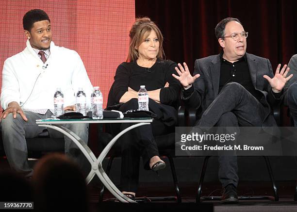 Actor Pooch Hall, Executive Producer Ann Biderman and Executive Producer Mark Gordon of "Ray Donovan" speak onstage during the Showtime portion of...