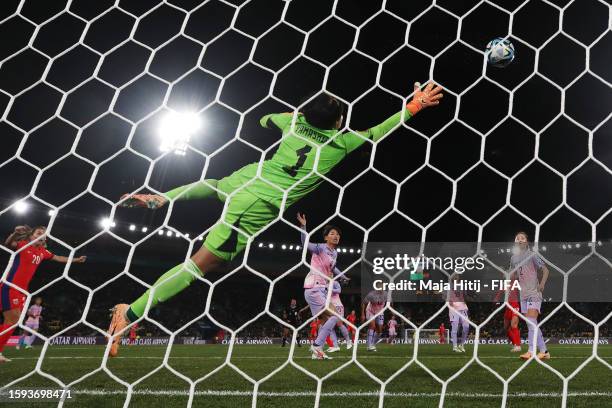 Ayaka Yamashita of Japan dives in vain as Guro Reiten of Norway heads to score her team's first goal during the FIFA Women's World Cup Australia &...