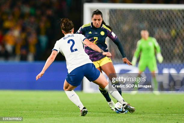 Lucia Roberta Tough Bronze of England women national soccer team and Manuela Venegas Cataño of Colombia women national soccer team are seen in action...