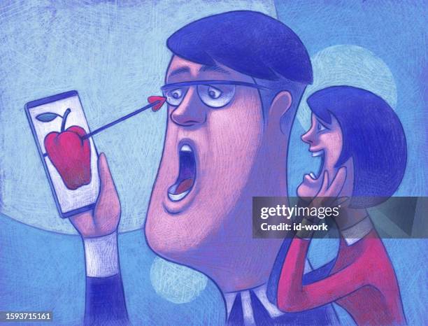 couple shocking while looking apple with arrow on smartphone - two apples stock illustrations