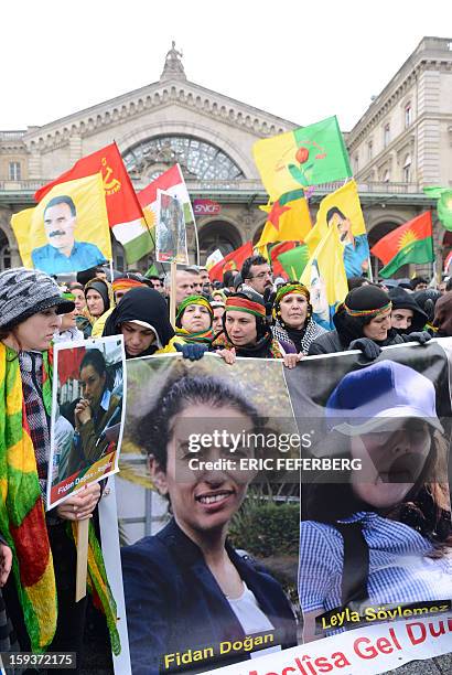 Hundreds of people of Kurdish origin take part in a demonstration on January 12, 2013 in Paris, two days after three Kurdish women were found shot...