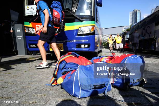 Boy and Girl Scout members from the United Kingdom arrive at the Seoul Dragon City Hotel on August 05, 2023 in Seoul, South Korea. Thousands of UK...