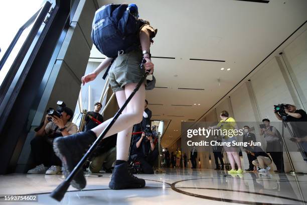 Boy and Girl Scout members from the United Kingdom arrive at the Seoul Dragon City Hotel on August 05, 2023 in Seoul, South Korea. Thousands of UK...