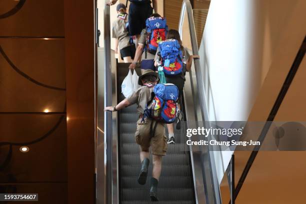 Boy and Girl Scout members from the United Kingdom arrive at the Seoul Dragon City Hotel on August 05, 2023 in Seoul, South Korea. Thousands of UK...