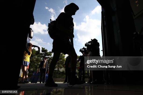 Boy and Girl Scout members from the United Kingdom arrive at the Seoul Dragon City Hotel on August 05, 2023 in Seoul, South Korea. Thousands of UK...