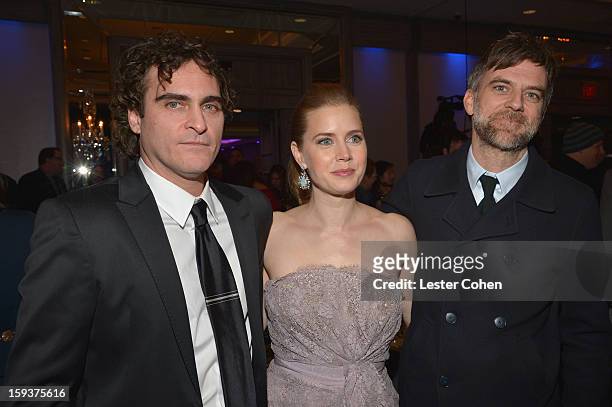 Actor Joaquin Phoenix, actress Amy Adams and director Paul Thomas Anderson attend the 38th Annual Los Angeles Film Critics Association Awards at...