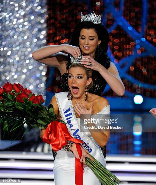 Miss America 2012 Laura Kaeppeler crowns Mallory Hytes Hagan of New York the new Miss America during the 2013 Miss America Pageant at PH Live at...