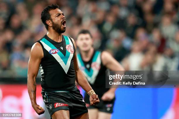 Willie Rioli of the Power celebrates kicking a goal during the round 21 AFL match between Geelong Cats and Port Adelaide Power at GMHBA Stadium, on...