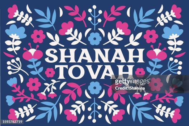 ilustraciones, imágenes clip art, dibujos animados e iconos de stock de tarjeta de felicitación floral de rosh hashaná - v7 - rosh hashanah