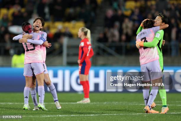 Jun Endo, Saki Kumagai, Moeka Minami and Ayaka Yamashita of Japan celebrate the team's 3-1 victory in the FIFA Women's World Cup Australia & New...