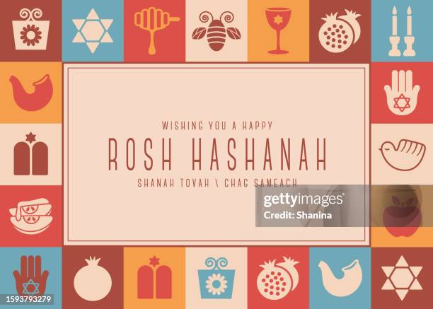 illustrazioni stock, clip art, cartoni animati e icone di tendenza di rosh hashanah elegante icone cornice biglietto di auguri - v5 - capodanno ebraico
