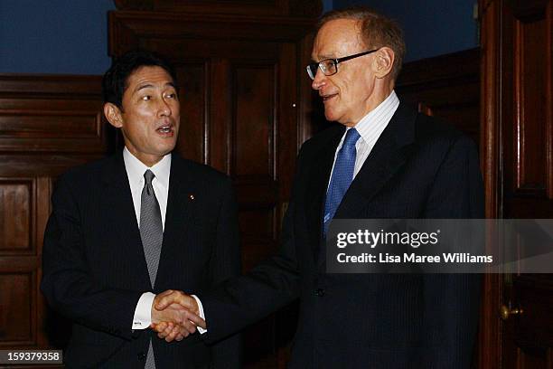 Japanese Foreign Minister Fumio Kushida and Foreign Minister Bob Carr attend a bilateral meeting at the Intercontinental Hotel on January 13, 2013 in...