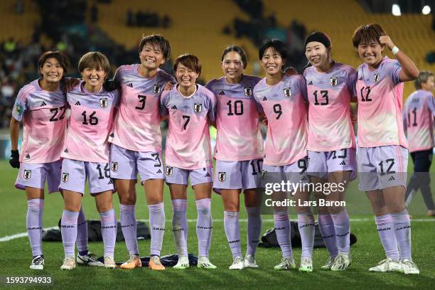 Japan celebrate victory during the FIFA Women's World Cup Australia & New Zealand 2023 Round of 16 match between Japan and Norway at Wellington...