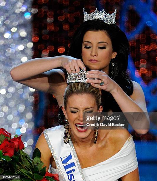 Miss America 2012 Laura Kaeppeler crowns Mallory Hytes Hagan of New York, the new Miss America during the 2013 Miss America Pageant at PH Live at...
