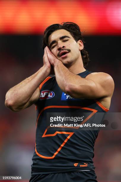 Toby Bedford of the Giants celebrates a goal during the round 21 AFL match between Greater Western Sydney Giants and Sydney Swans at GIANTS Stadium,...