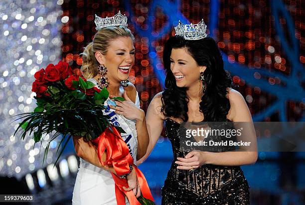 Miss America 2012 Laura Kaeppeler congratulates Mallory Hytes Hagan of New York, after being crowned the new Miss America during the 2013 Miss...
