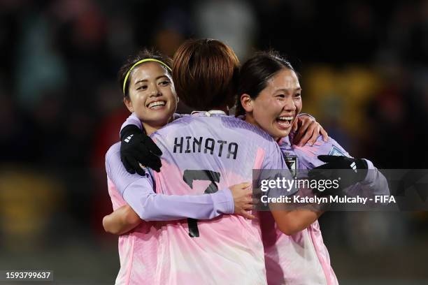 Yui Hasegawa, Hinata Miyazawa and Fuka Nagano of Japan celebrate the team's 3-1 victory in the FIFA Women's World Cup Australia & New Zealand 2023...