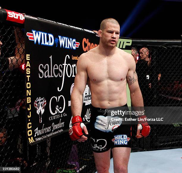 Nate Marquardt stands in the cage before his welterweight championship bout against Tarec Saffiedine during the Strikeforce event on January 12, 2013...