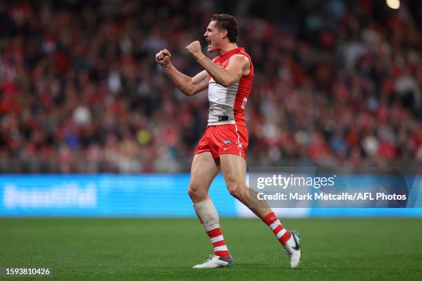 Hayden McLean of the Swans celebrates kicking a goal during the round 21 AFL match between Greater Western Sydney Giants and Sydney Swans at GIANTS...