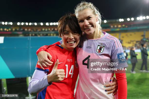 Saki Kumagai of Japan and Ada Hegerberg of Norway pose after exchanging shirts after the FIFA Women's World Cup Australia & New Zealand 2023 Round of...