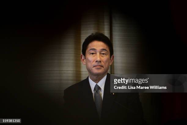 Japanese Foreign Minister Fumio Kushida attends a press conference during bilateral meetings with Australian Foreign Minister Bob Carr at the...