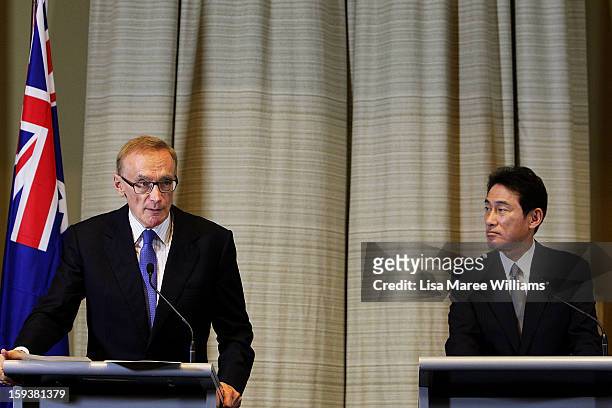 Australian Foreign Minister Bob Carr and Japanese Foreign Minister Fumio Kushida attend a press conference during bilateral meetings at the...