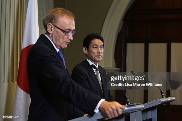 Australian Foreign Minister Bob Carr and Japanese Foreign Minister Fumio Kushida attend a press conference during bilateral meetings at the...