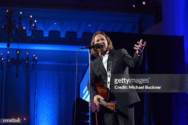 Musician Eddie Vedder performs at the 2nd Annual Sean Penn and Friends Help Haiti Home Gala benefiting J/P HRO presented by Giorgio Armani at Montage...