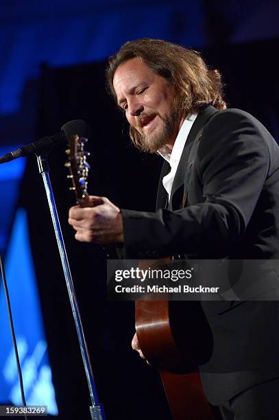 Musician Eddie Vedder performs at the 2nd Annual Sean Penn and Friends Help Haiti Home Gala benefiting J/P HRO presented by Giorgio Armani at Montage...