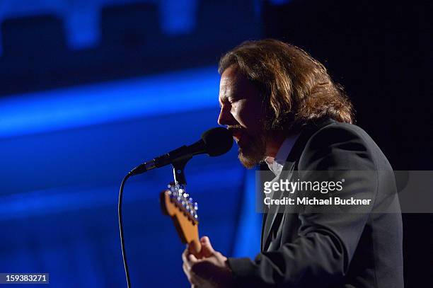 Musician Eddie Vedder performs at the 2nd Annual Sean Penn and Friends Help Haiti Home Gala benefiting J/P HRO presented by Giorgio Armani at Montage...