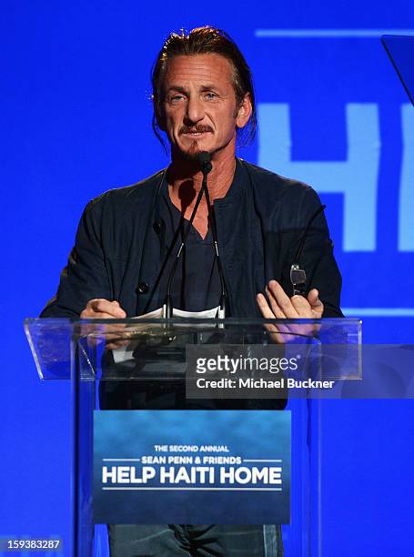 Sean Penn speaks onstage at the 2nd Annual Sean Penn and Friends Help Haiti Home Gala benefiting J/P HRO presented by Giorgio Armani at Montage Hotel...