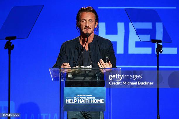 Sean Penn speaks onstage at the 2nd Annual Sean Penn and Friends Help Haiti Home Gala benefiting J/P HRO presented by Giorgio Armani at Montage Hotel...