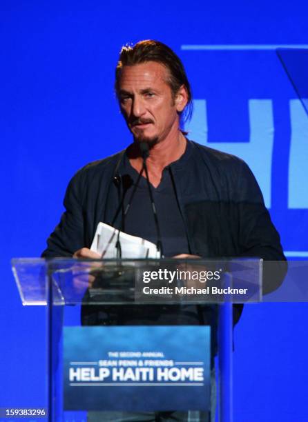 Sean Penn speaks onstage at the 2nd Annual Sean Penn and Friends Help Haiti Home Gala benefiting J/P HRO presented by Giorgio Armani at Montage Hotel...