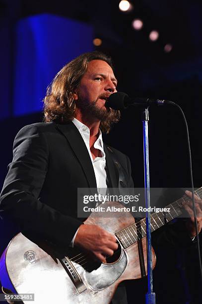 Musician Eddie Vedder performs at the 2nd Annual Sean Penn and Friends Help Haiti Home Gala benefiting J/P HRO presented by Giorgio Armani at Montage...