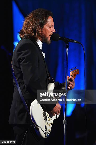 Musician Eddie Vedder performs at the 2nd Annual Sean Penn and Friends Help Haiti Home Gala benefiting J/P HRO presented by Giorgio Armani at Montage...