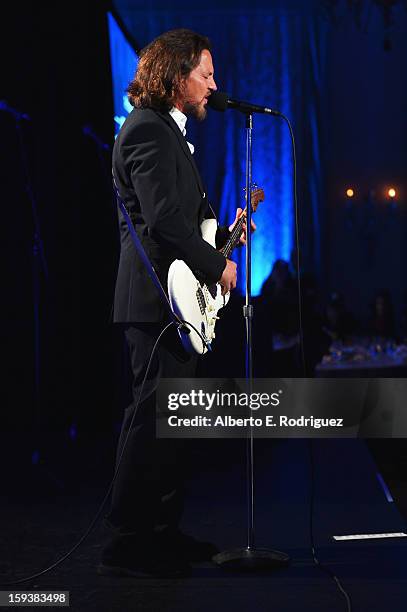 Musician Eddie Vedder performs at the 2nd Annual Sean Penn and Friends Help Haiti Home Gala benefiting J/P HRO presented by Giorgio Armani at Montage...