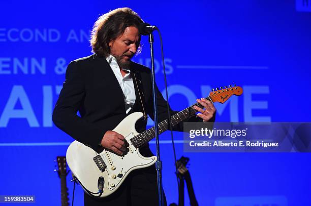 Musician Eddie Vedder performs at the 2nd Annual Sean Penn and Friends Help Haiti Home Gala benefiting J/P HRO presented by Giorgio Armani at Montage...