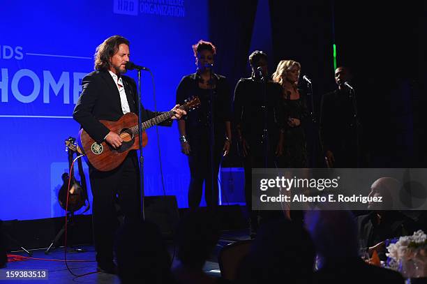 Musician Eddie Vedder performs at the 2nd Annual Sean Penn and Friends Help Haiti Home Gala benefiting J/P HRO presented by Giorgio Armani at Montage...