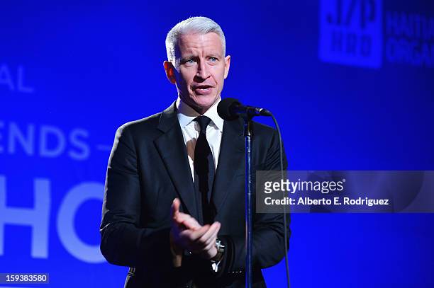Anderson Cooper speaks onstage the 2nd Annual Sean Penn and Friends Help Haiti Home Gala benefiting J/P HRO presented by Giorgio Armani at Montage...