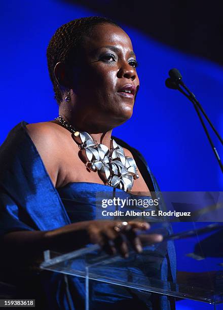 Deputy Director of Program Support of J/P HRO Meange Jean Louis speaks onstage at the 2nd Annual Sean Penn and Friends Help Haiti Home Gala...