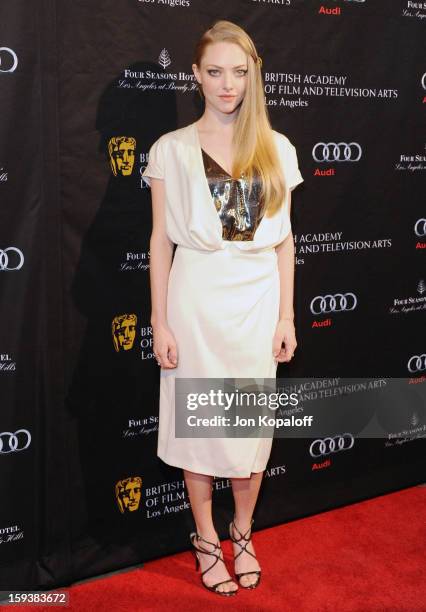 Actress Amanda Seyfried arrives at the BAFTA Los Angeles Awards Season Tea Party at Four Seasons Hotel Los Angeles at Beverly Hills on January 12,...