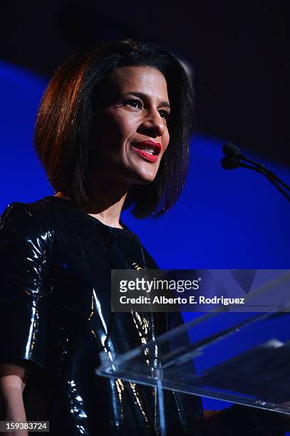 Christie's president Andrea Fiuczynski speaks onstage at the 2nd Annual Sean Penn and Friends Help Haiti Home Gala benefiting J/P HRO presented by...