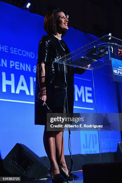 Christie's president Andrea Fiuczynski speaks onstage at the 2nd Annual Sean Penn and Friends Help Haiti Home Gala benefiting J/P HRO presented by...