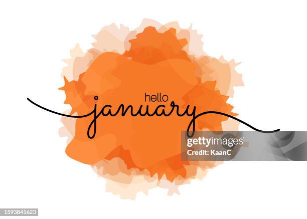 hello january - greeting card for beginning of month, welcoming poster design. vector illustration with abstract textured yellow, orange yellow background. banner, poster, greeting card design template. vector stock illustration - hello january stock illustrations