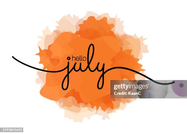 hello july - greeting card for beginning of month, welcoming poster design. vector illustration with abstract textured yellow, orange yellow background. banner, poster, greeting card design template. vector stock illustration - july stock illustrations