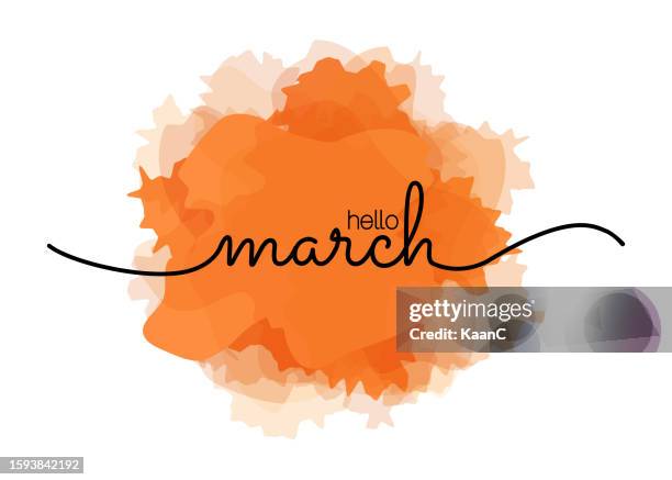 hello march - greeting card for beginning of month, welcoming poster design. vector illustration with abstract textured yellow, orange yellow background. banner, poster, greeting card design template. vector stock illustration - march month stock illustrations