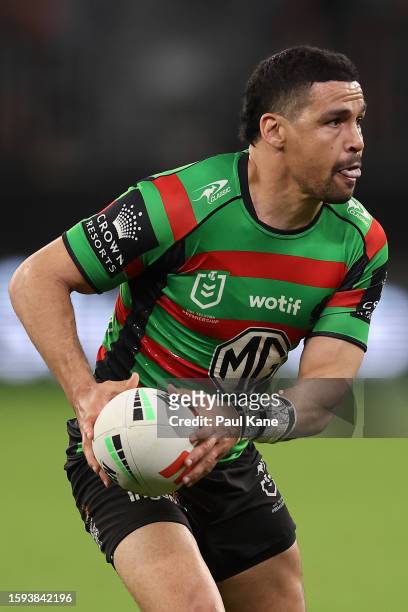 Cody Walker of the Rabbitohs in action during the round 23 NRL match between South Sydney Rabbitohs and Cronulla Sharks at Optus Stadium on August...