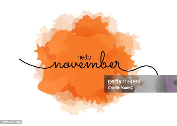 hello november - greeting card for beginning of month, welcoming poster design. vector illustration with abstract textured yellow, orange yellow background. banner, poster, greeting card design template. vector stock illustration - november stock illustrations