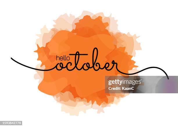 hello october - greeting card for beginning of month, welcoming poster design. vector illustration with abstract textured yellow, orange yellow background. banner, poster, greeting card design template. vector stock illustration - hello october stock illustrations